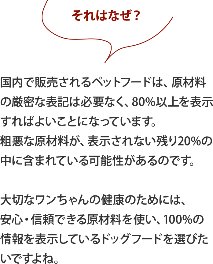 それは、国内で販売されるペットフードは、原材料の厳密な表記は必要なく、80%以上を表示すればよいことになっています。粗悪な原材料が、表示されない残り20%の中に含まれている可能性があるのです。大切なワンちゃんの健康のためには、安心・信頼できる原材料を使い、100%の情報を表示しているドッグフードを選びたいですよね。