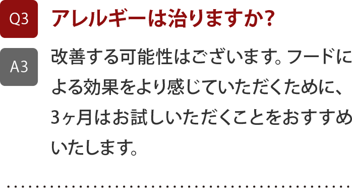 アレルギーは改善する可能性はございます。フードによる効果をより感じていただくために、3ヶ月はお試しいただくことをおすすめいたします。